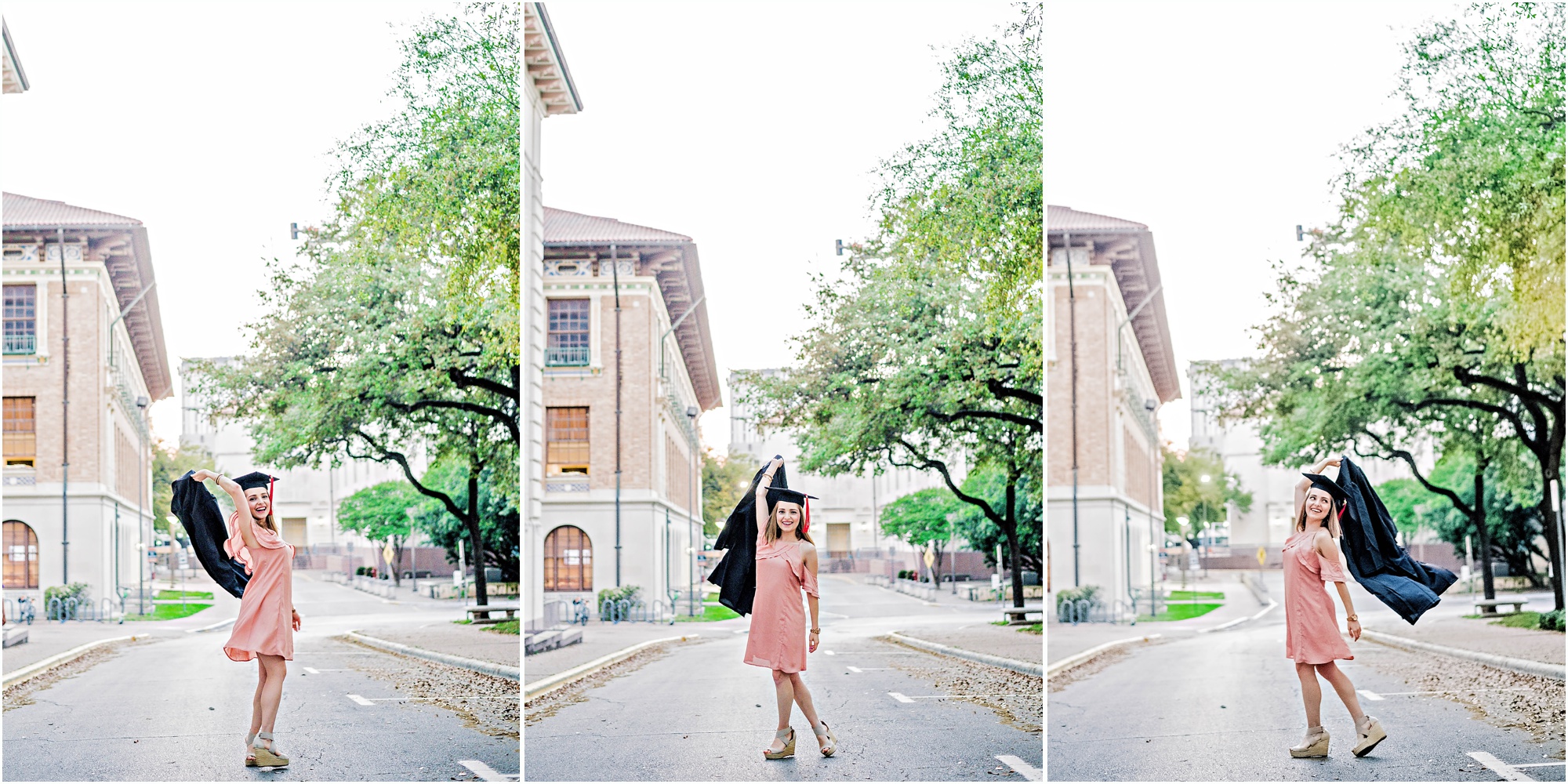 University of Texas Graduate Twirling in Street with Cap and Gown Natural Light Austin Texas Photographer Graduation Photoshoot