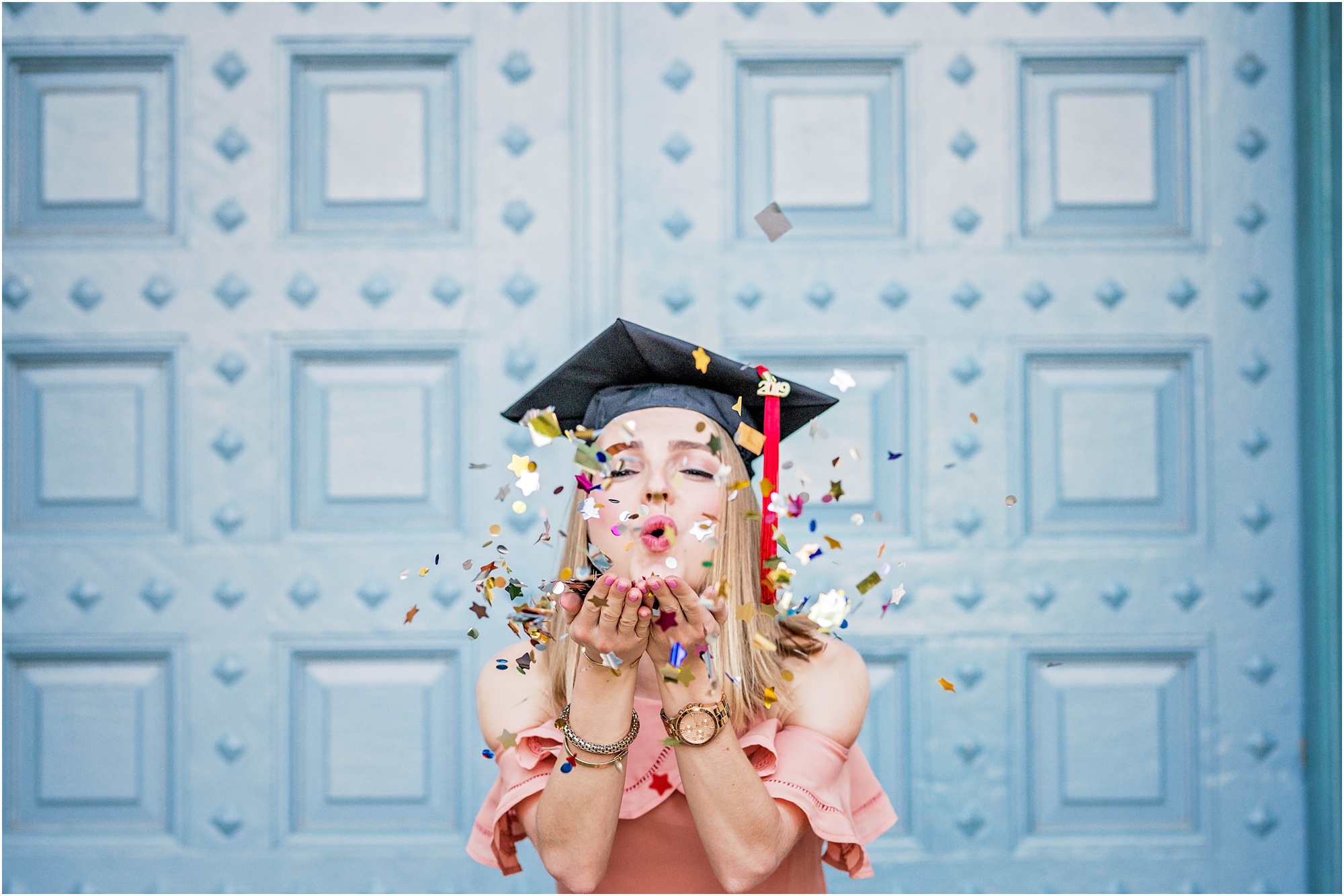 UT Campus Confetti Graduation Photo in Austin Texas Natural Light Senior Portrait Photographer