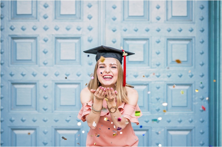 UT Campus Confetti Graduation Photo in Austin Texas Natural Light Senior Portrait Photographer