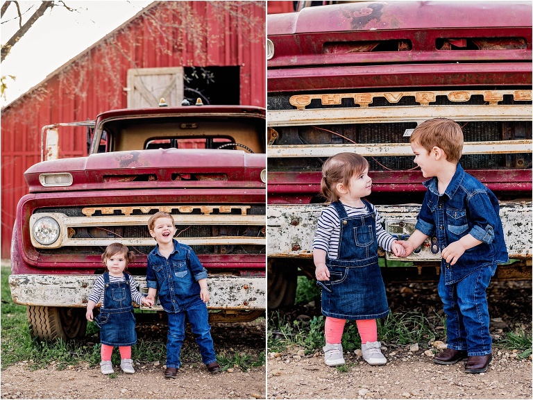 Children Photographer in Round Rock Texas by Vintage Truck in front of Barn