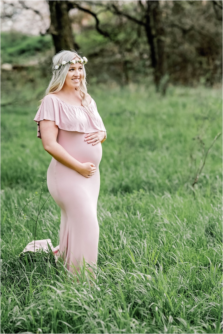 Beautiful Expecting Mother with maxi dress and flower crown in field Cedar Park Texas Natural light Photographer Maternity Photography