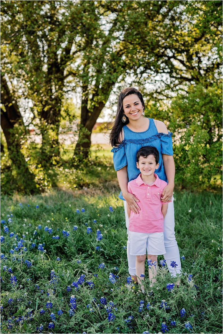 Mother and Son during Spring in Bluebonnets in Round Rock Texas Natural Light Austin Family Photographer