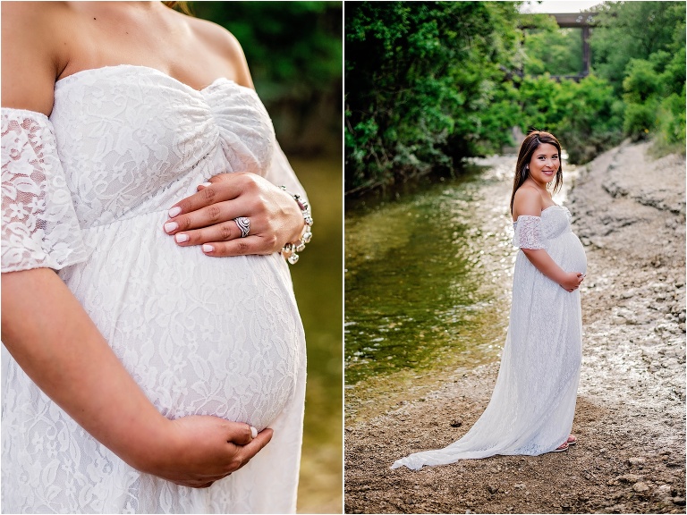 Expecting mother in white lace maxi dress near creek in Cedar Park Texas by Natural Light Maternity Photographer