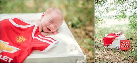 Newborn baby girl in Manchester United Jersey in Round Rock Texas Natural Light Photographer Newborn Photography