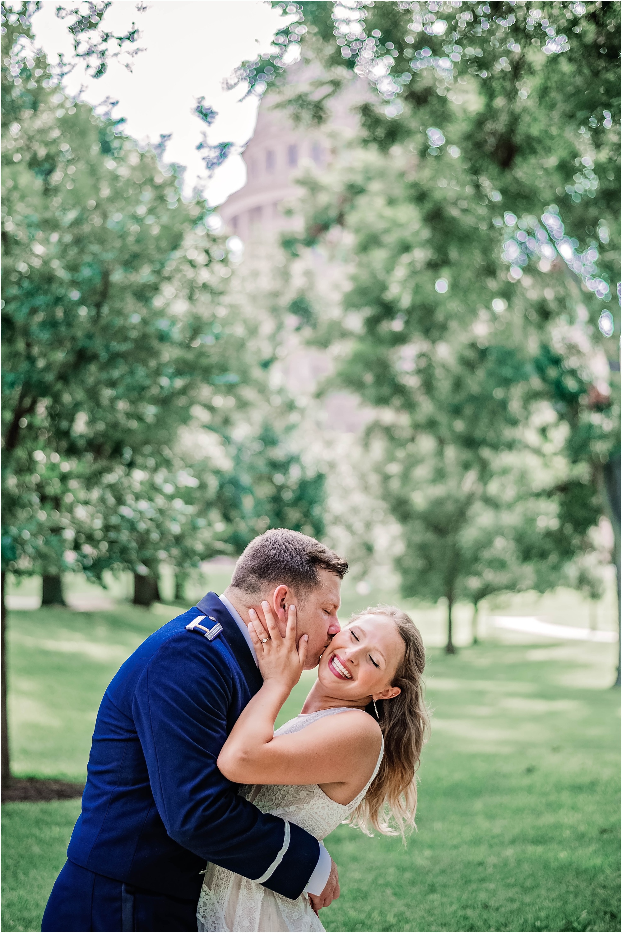 Newly Wed Couple Kissing in South Austin Texas Elopement Air Force Photoshoot