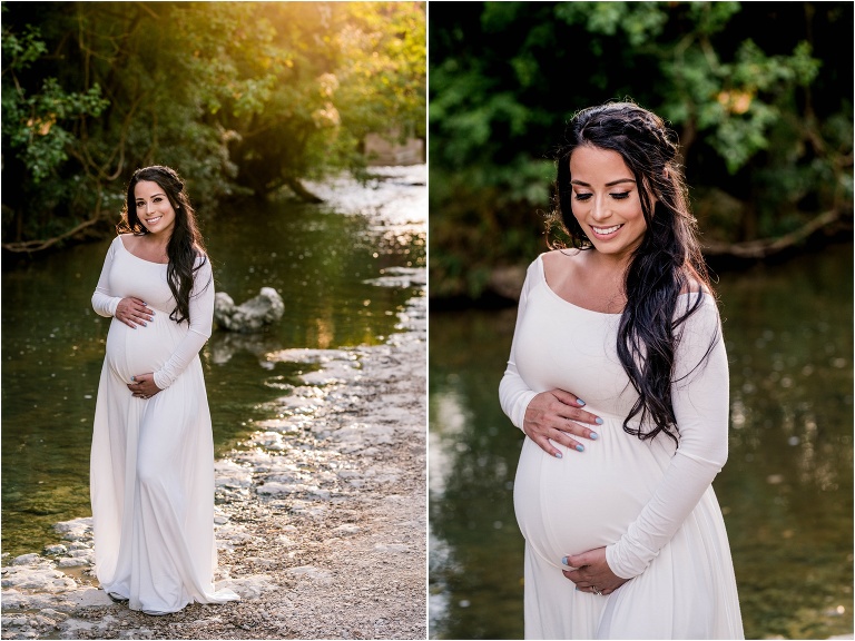 Beautiful expecting mother at sunset golden hour by creek in Cedar Park Texas in white maxi dress maternity photographer