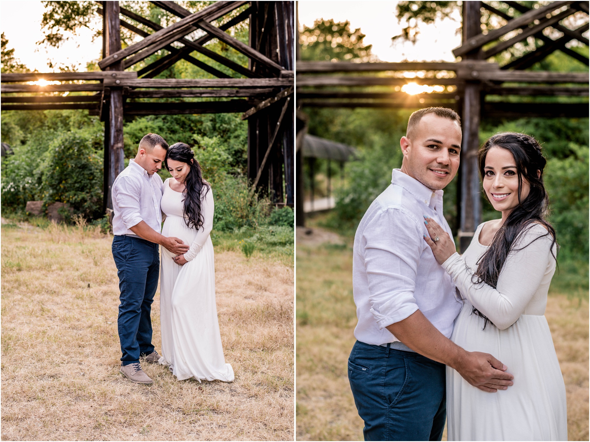 Beautiful couple during maternity photoshoot at sunset golden hour by bridge in Cedar Park Texas in white maxi dress natural light family photographer