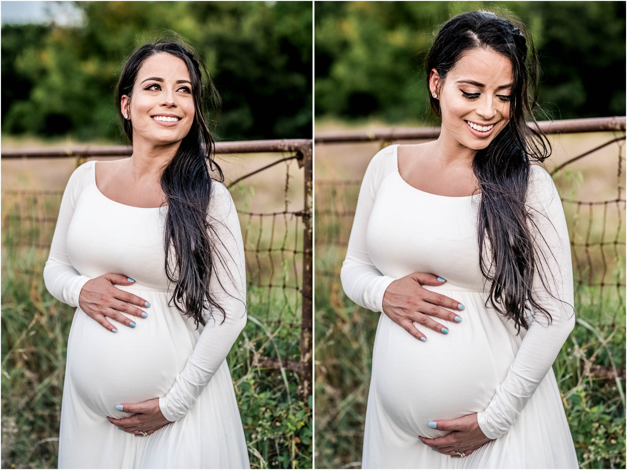 Beautiful expecting mother during golden hour in Cedar Park Texas white maxi dress maternity photographer