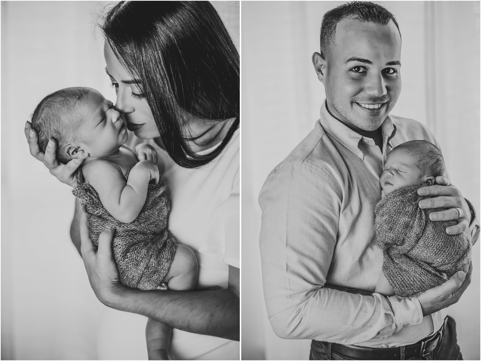 Mother and father snuggling newborn during indoor family photoshoot by natural light portrait photographer Austin Texas
