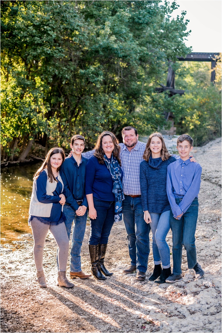 Blended Family Photoshoot wearing all blue in Cedar Park Texas by natural light portrait photographer