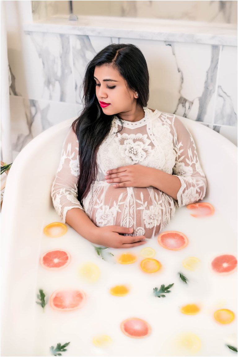 milkbath maternity photoshoot in Georgetown Texas by family photographer with fruit
