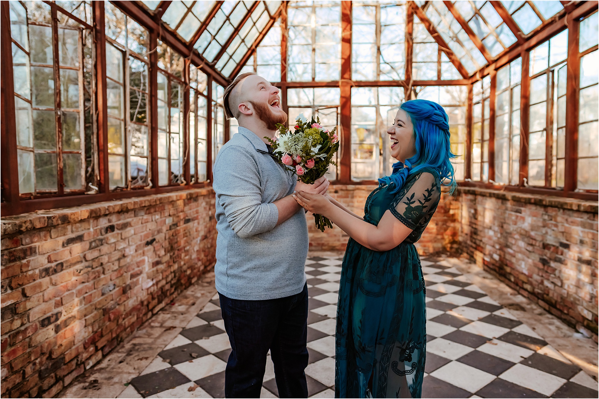 Behind the scenes of couple laughing during engagement photoshoot in Austin Texas