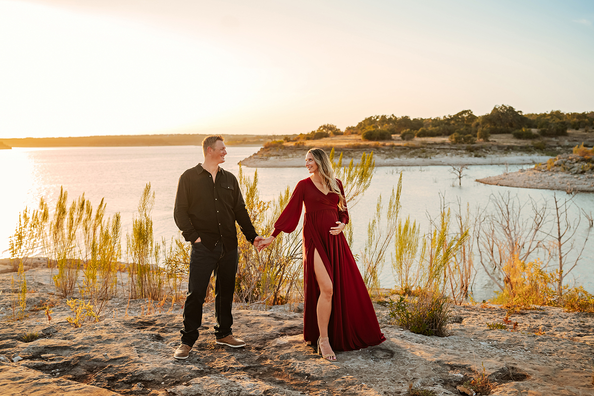 Maternity Couple Session at sunset near the water in Georgetown Texas Natural Light Family Photographer